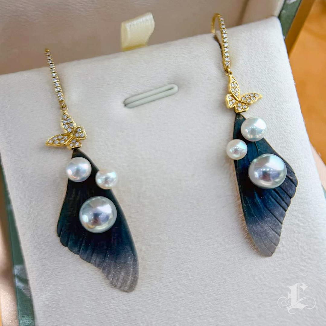 Women's 【Vine Symphony】Butterfly Diamond Dust Finished Tahitian & Akoya Pearl Earrings For Sale