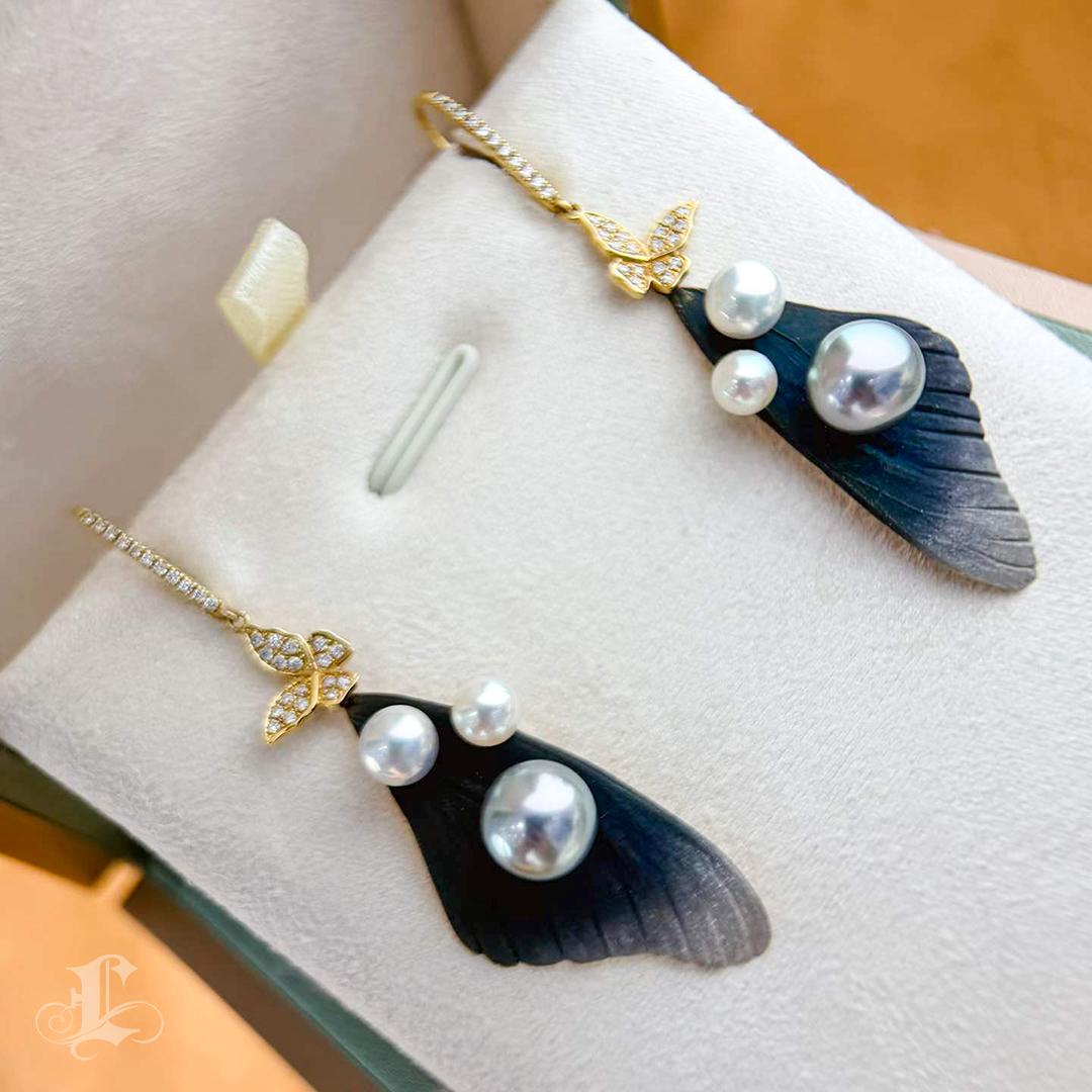 【Vine Symphony】Butterfly Diamond Dust Finished Tahitian & Akoya Pearl Earrings For Sale 1
