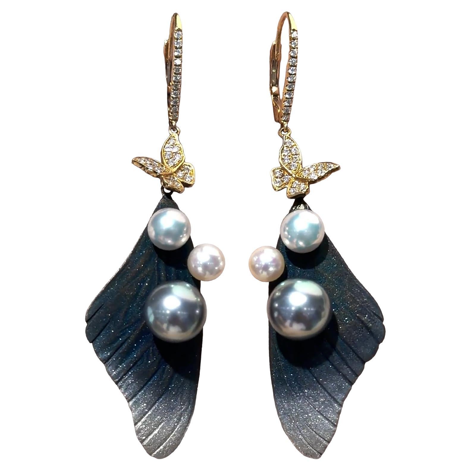 【Vine Symphony】Butterfly Diamond Dust Finished Tahitian
Akoya Pearl Earrings