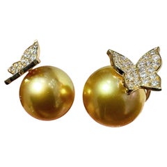 【Golden Radiance】Butterfly Kiss Boucles d'oreilles en perles des mers du Sud et diamants