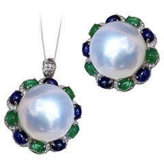 【Crown Radiance】Celestial 14-15mm South Sea Pearl Sapphire Emerald Ring Pendant