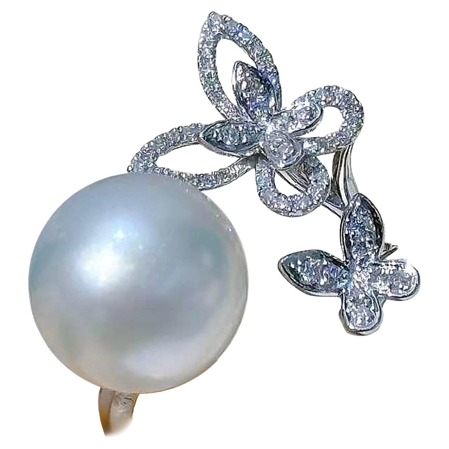 【Vine Symphony】Celestial Butterfly Aurora Bague en perles des mers du Sud et diamants en vente