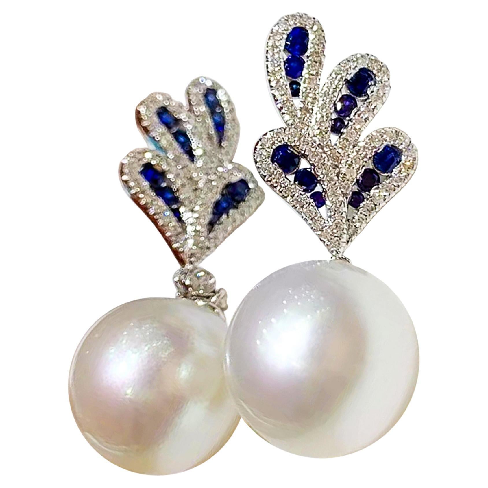【Vine Symphony】Celestial Plumage South Sea Pearl Sapphire Diamond Earrings