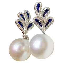 【Vine Symphony】Celestial Plumage South Sea Pearl Sapphire Diamond Earrings