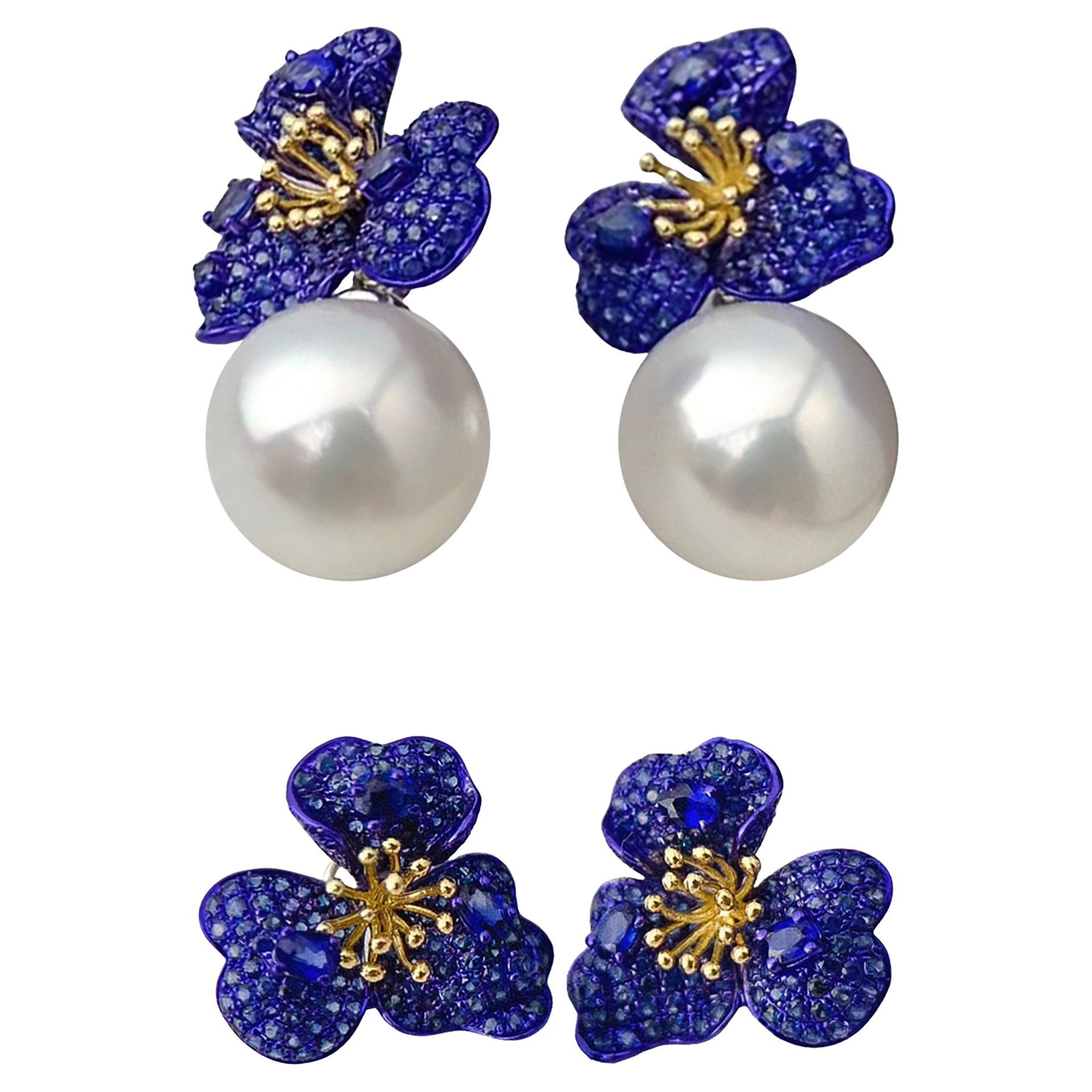 【Vine Symphony】Convertible Blau-Gold Blossom Sapphire & Südseeperlen Ohrringe