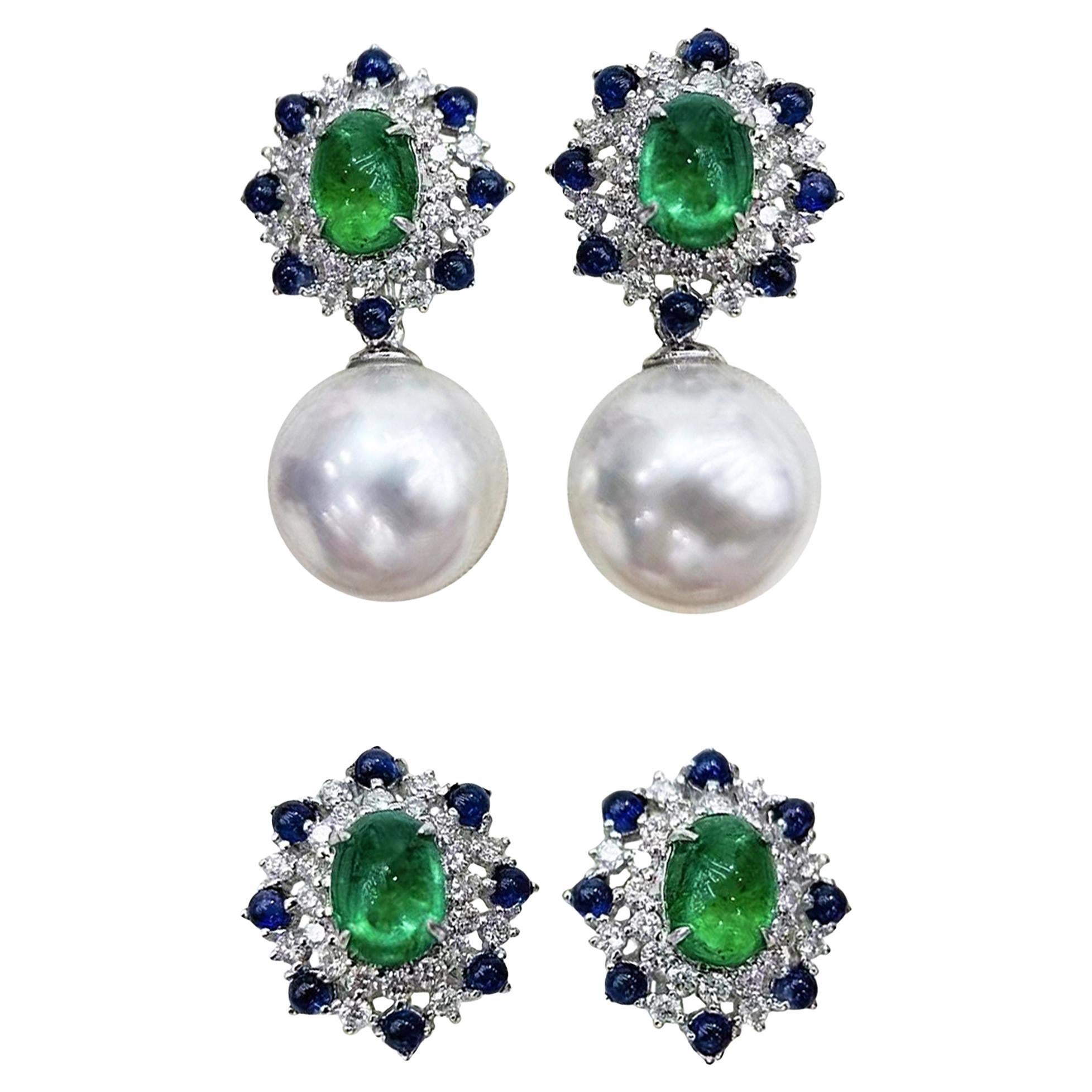 【Vine Symphony】Convertible Crown Garden South Sea Pearl & Emerald Earrings For Sale