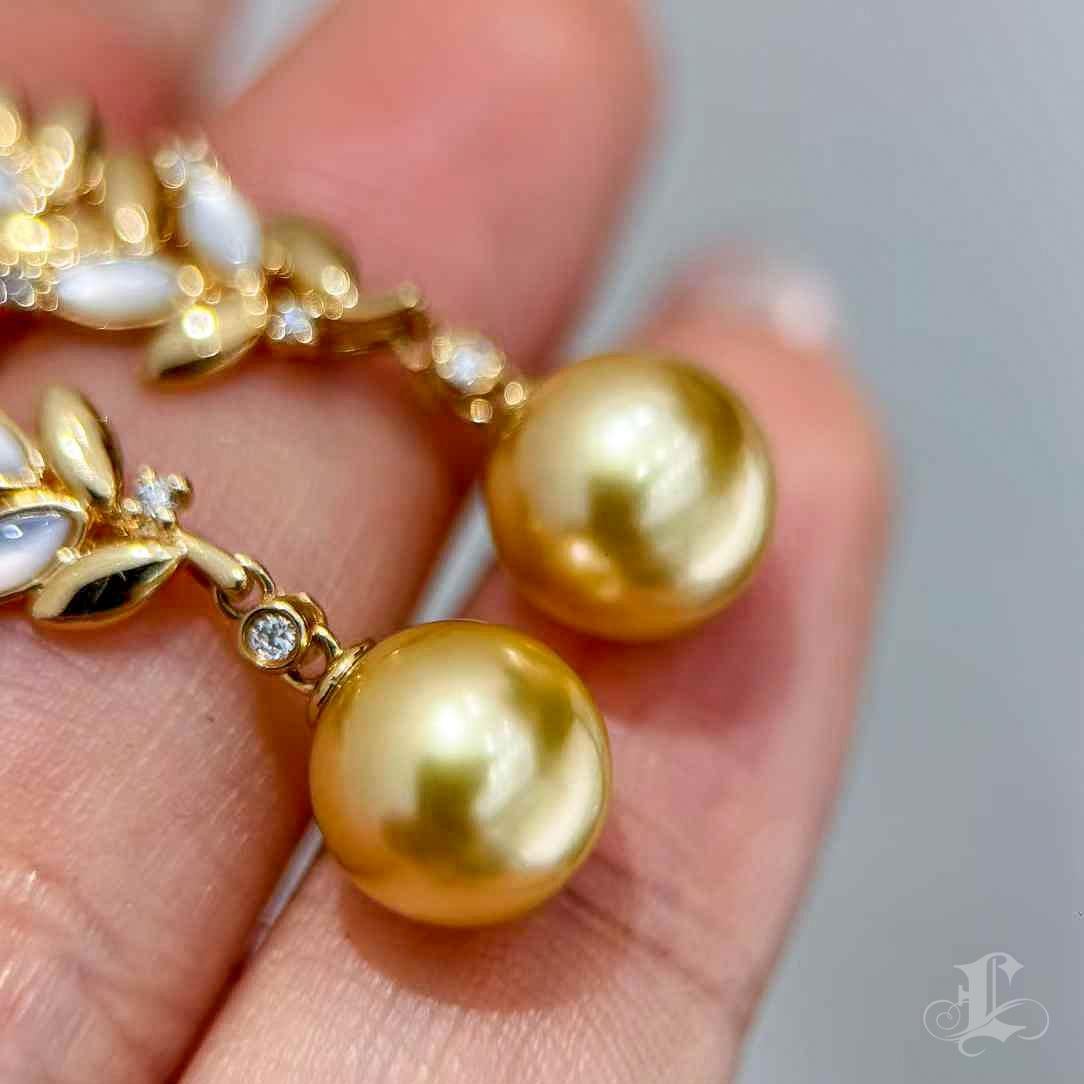 Women's 【Vine Symphony】Convertible Golden South Sea Pearl Mother-of-Pearl Leaf Earrings For Sale