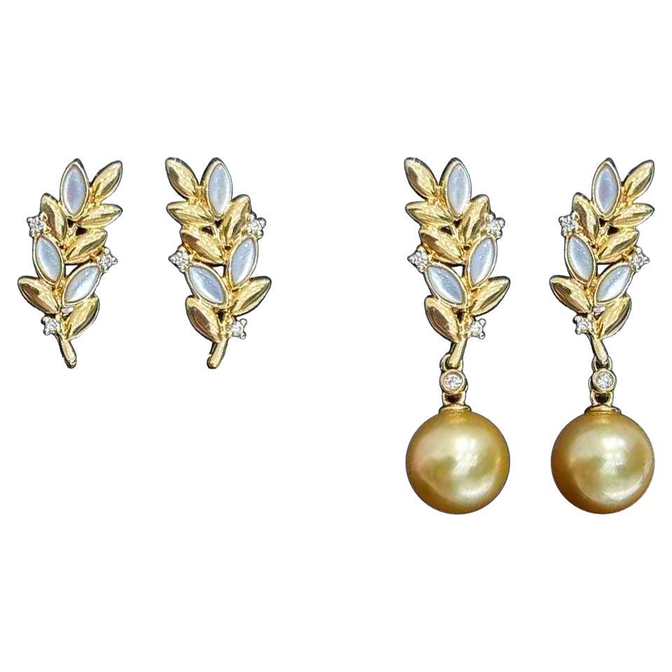 【Vine Symphony】Convertible Golden South Sea Pearl Mother-of-Pearl Leaf Earrings