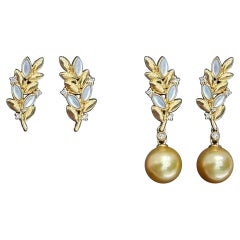 【Vine Symphony】Convertible Golden South Sea Pearl Mother-of-Pearl Leaf Earrings