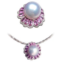 Ciondolo anello con perle dei mari del sud e zaffiro rosa convertibile