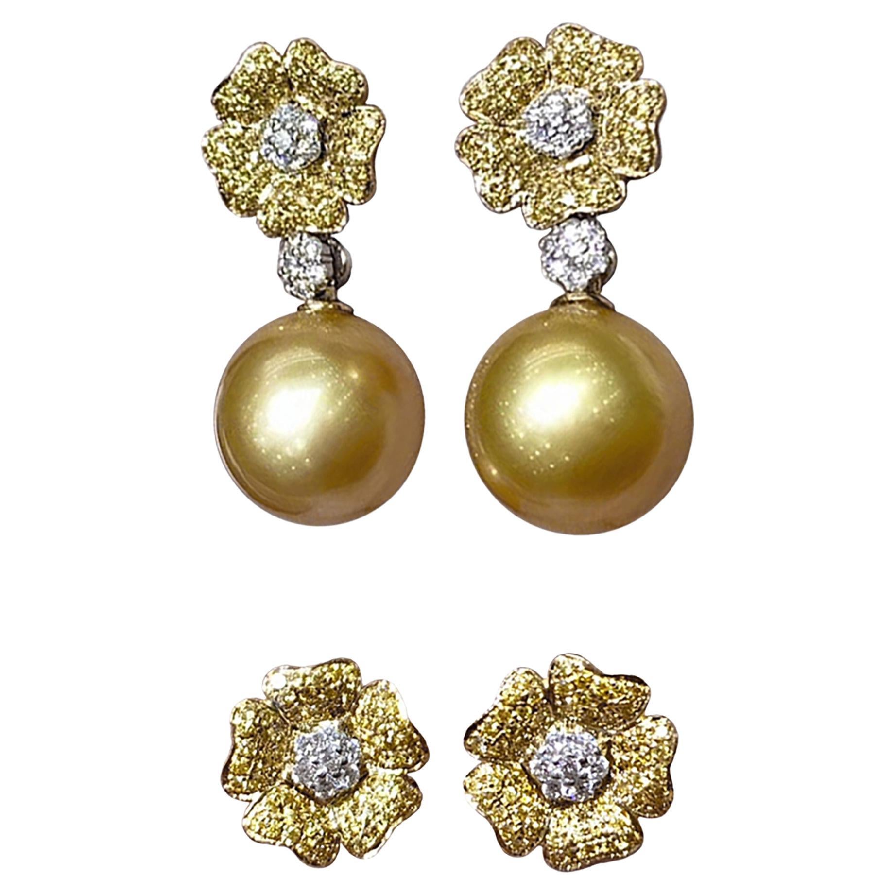 【Vine Symphony】Convertible South Sea Pearl Full Pavé Diamond Flower Earrings For Sale