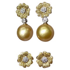 【Vine Symphony】Convertible South Sea Pearl Full Pavé Diamond Flower Earrings