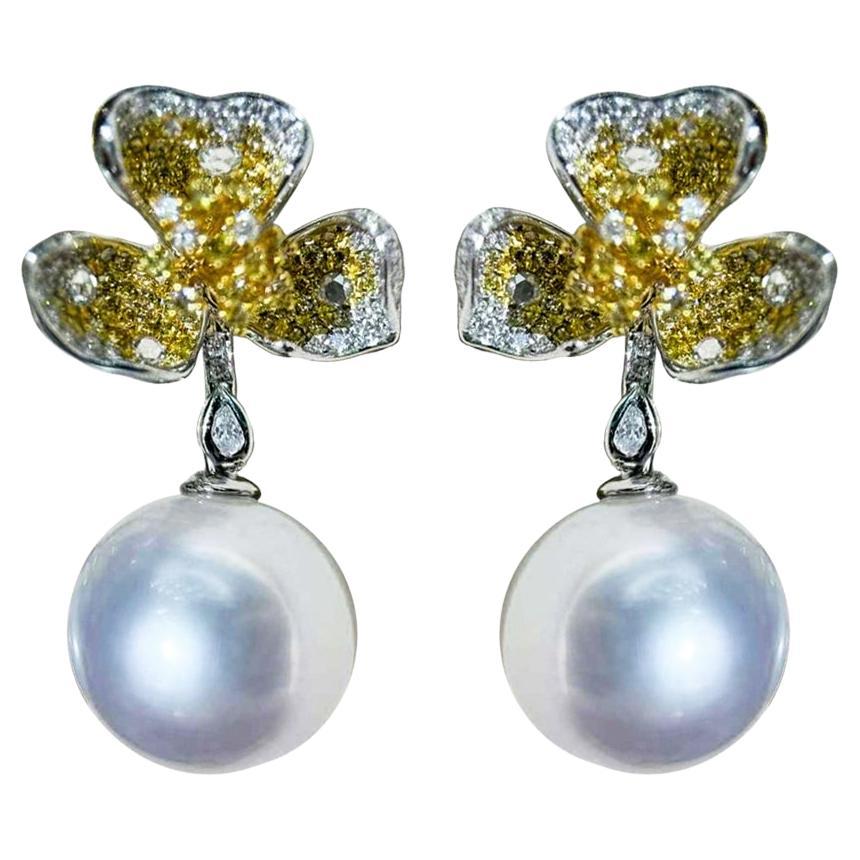 【Vine Symphony】Dancing Blossom Aurora South Sea Pearl and Diamond Earrings