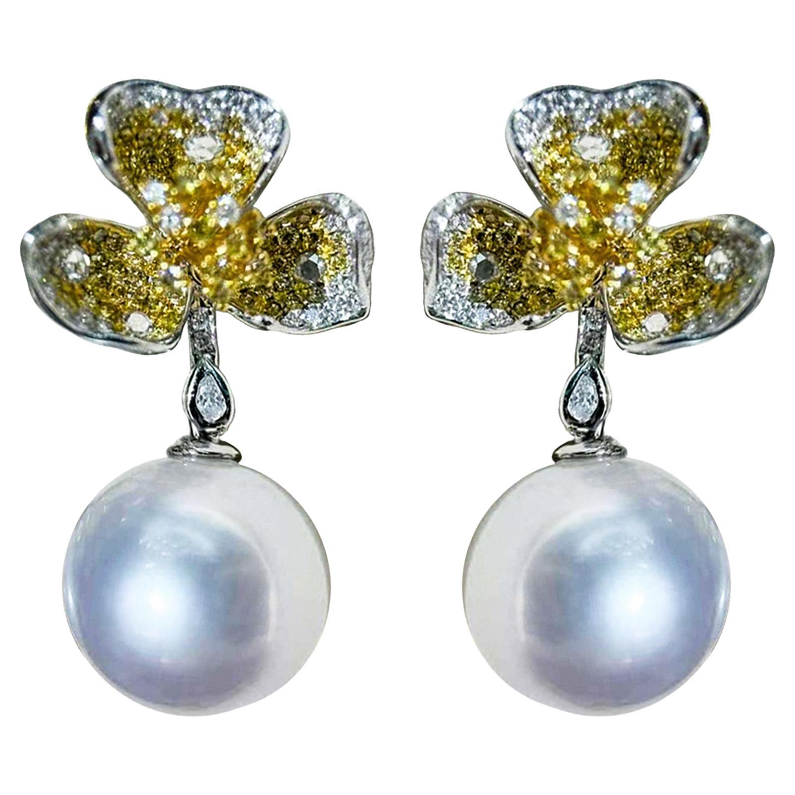 【Vine Symphony】Dancing Blossom Aurora South Sea Pearl and Diamond Earrings For Sale