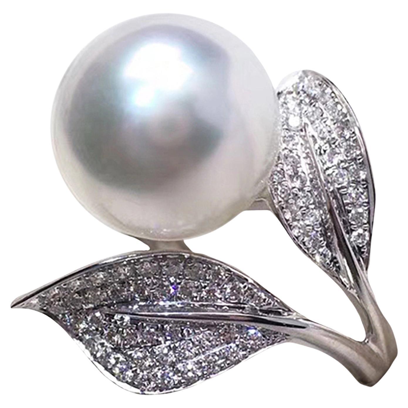 【Vine Symphony】Diamond Leaf AAAA South Sea Pearl Solitaire Ring