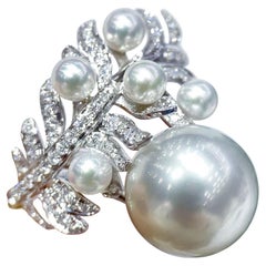 【Crown Radiance】Diamond Leaf Spray South Sea Pearl Sculptural Ring