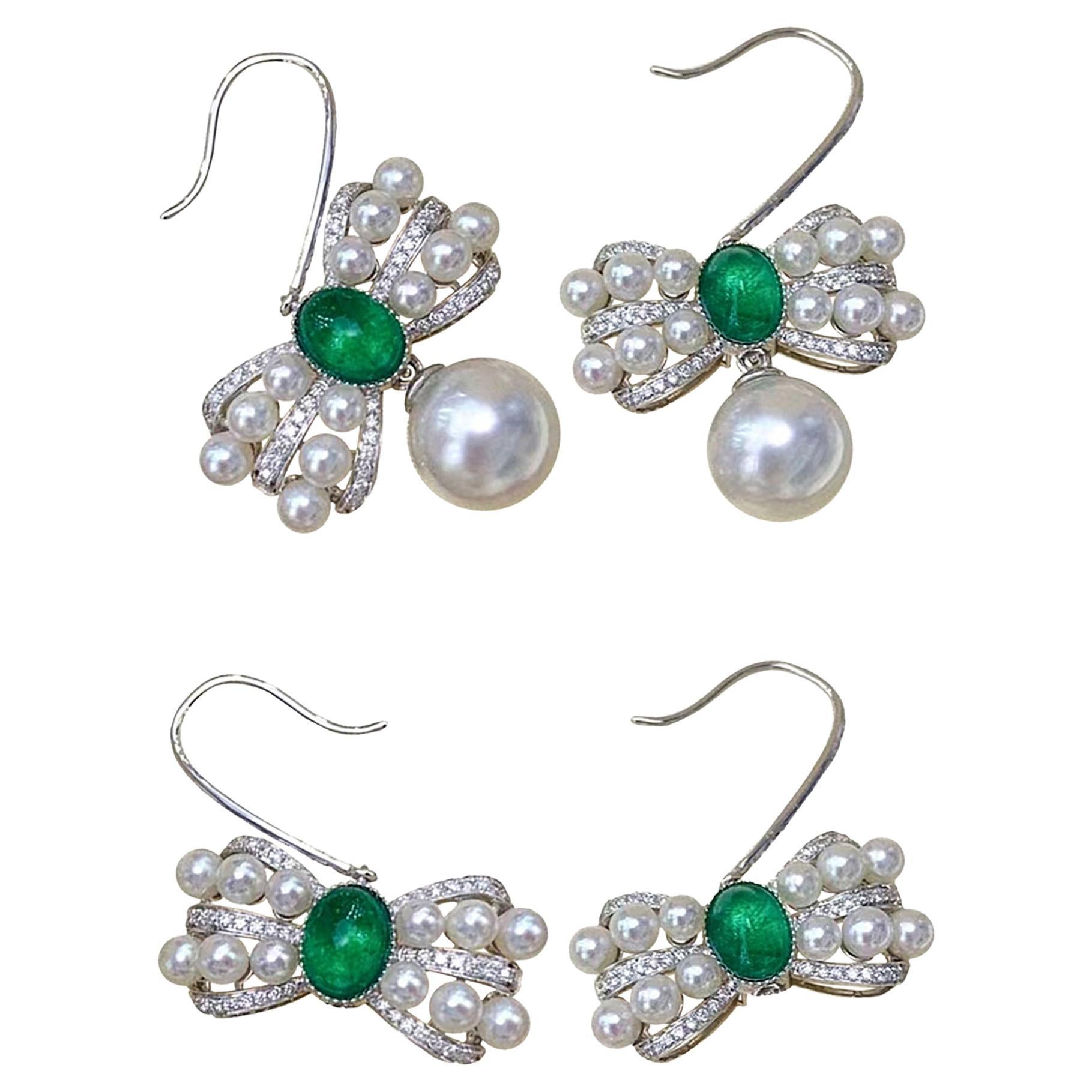 【Vine Symphony】Emerald Ribbon South Sea & Akoya Pearl Convertible Earrings For Sale