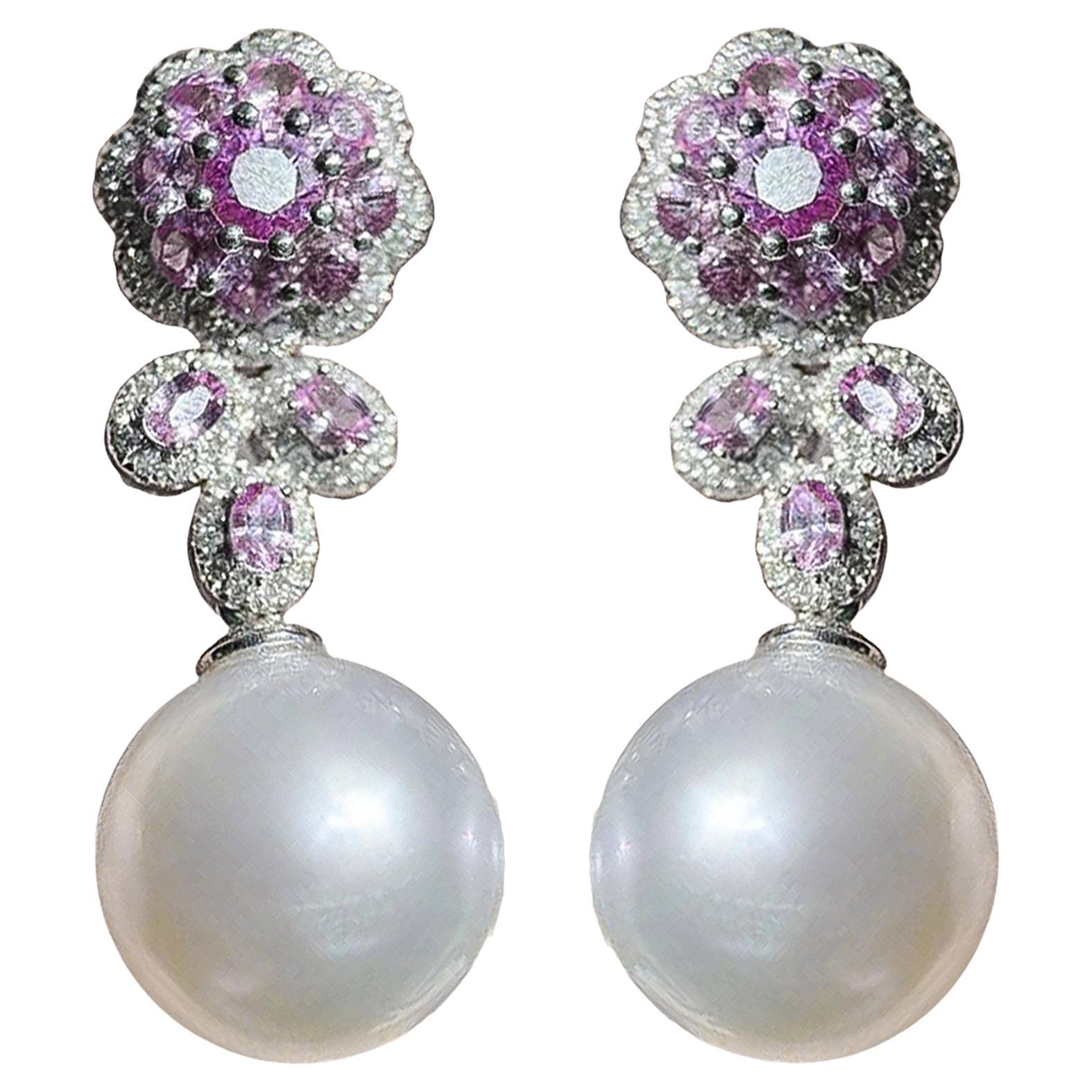 【Vine Symphony】Floral Sapphire Aurora South Sea Pearl Diamond Evening Earrings
