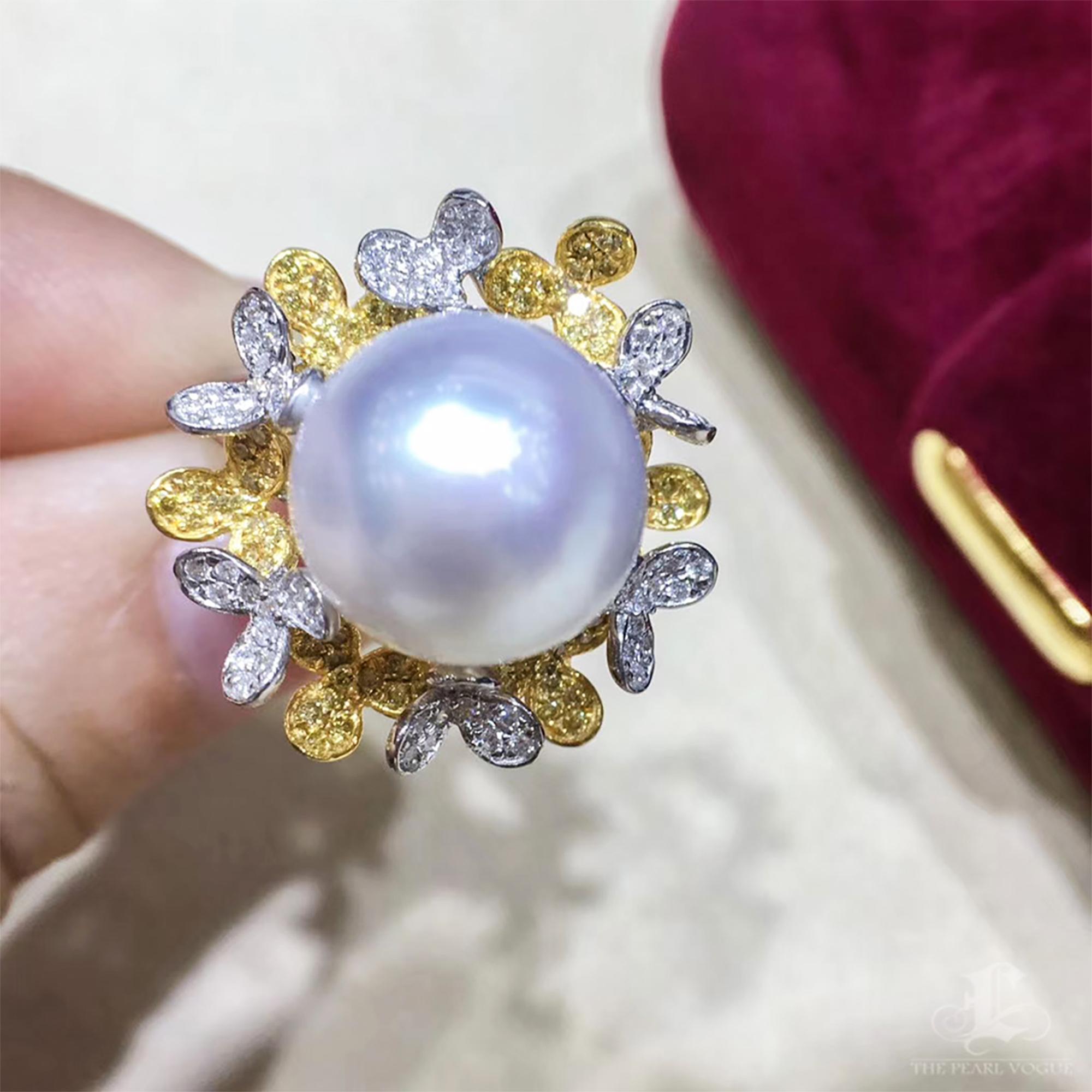 Donna 【Sinfonia di vite】 Anello con perle dei mari del sud e diamanti, oro 18k in vendita