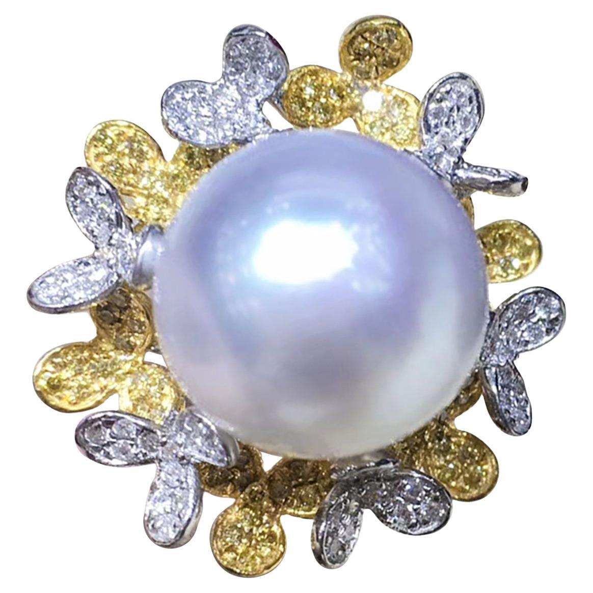 【Sinfonia di vite】 Anello con perle dei mari del sud e diamanti, oro 18k