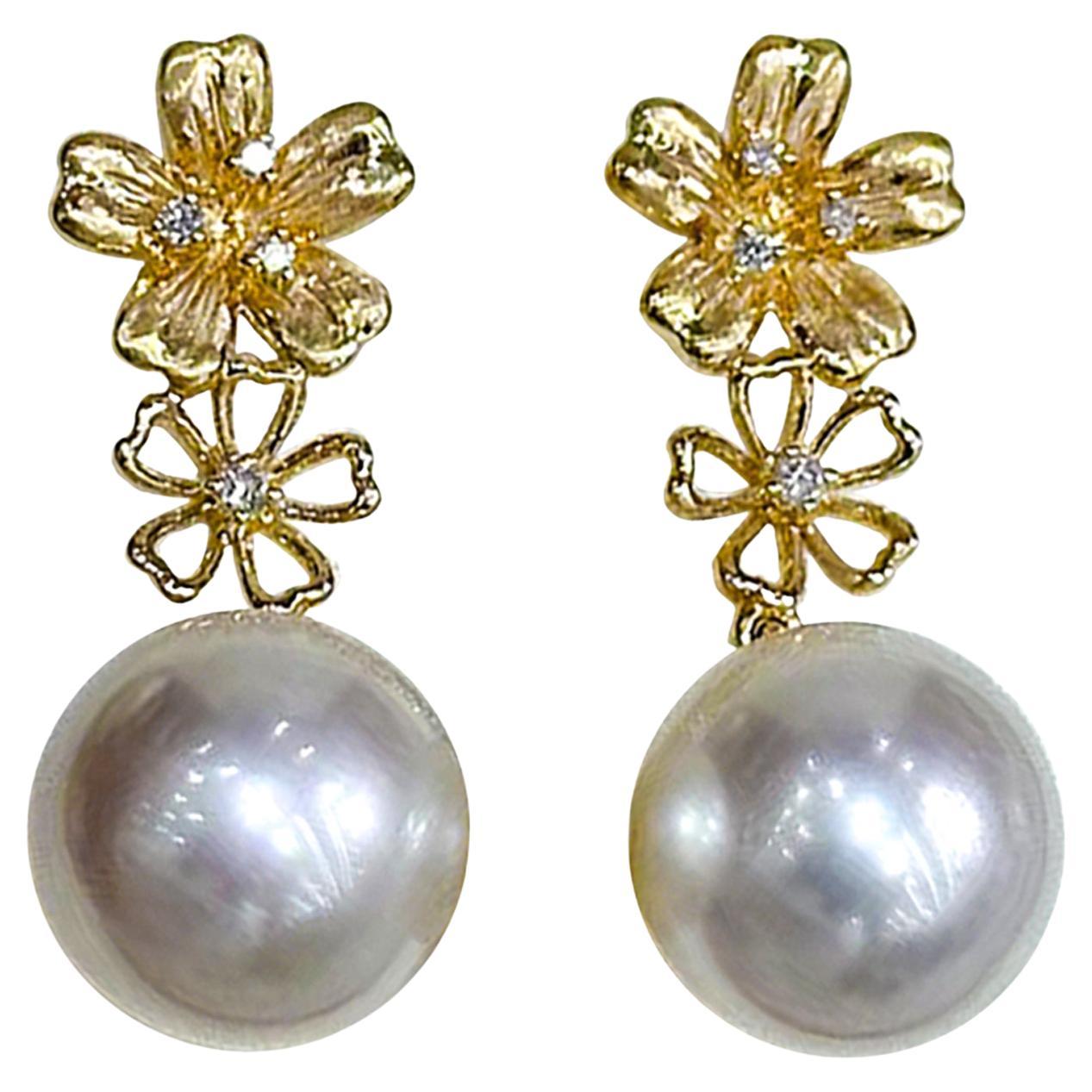 【Vine Symphony】Golden Bloom Aurora South Sea Pearl Diamond Drop Earrings
