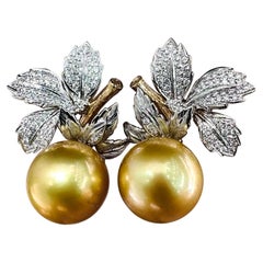 【Vine Symphony】Golden Harvest Aurora South Sea Pearl Leaf Earrings