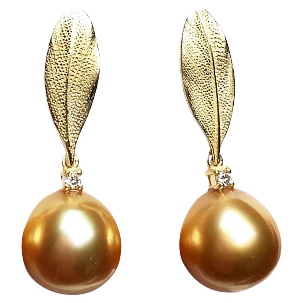 【Vine Symphony】Golden Leaf South Sea Pearls Drop Earrings