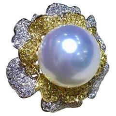 Vine Symphony】Goldene Pfingstrose Südsee Perlen Ring mit gelben & weißen Diamanten