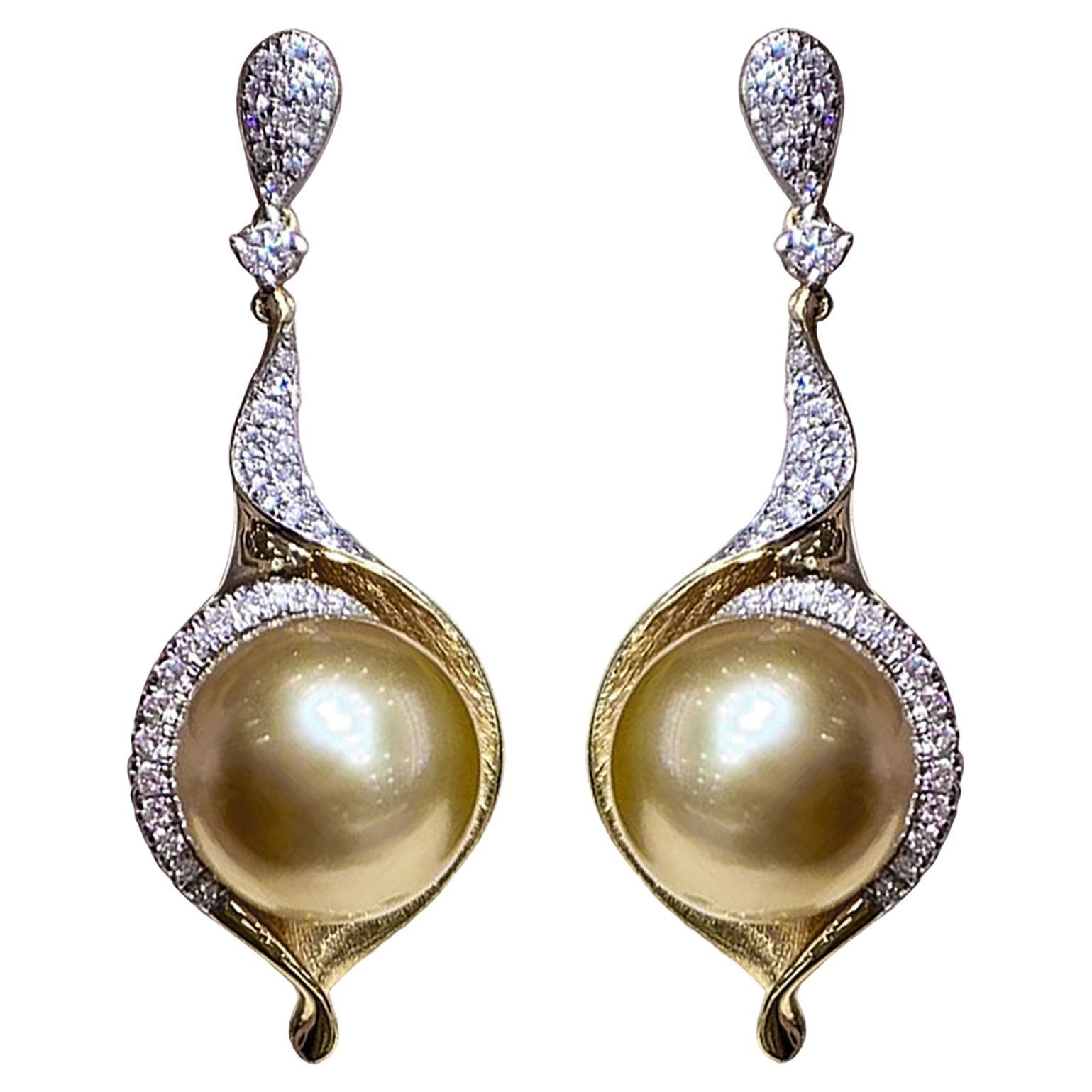 【Vine Symphony】Golden Wave Aurora South Sea Pearl Diamond Drop Earrings