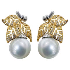 【Vine Symphony】Pendientes de Diamantes de Perlas del Mar del Sur Aurora Velo de Hoja