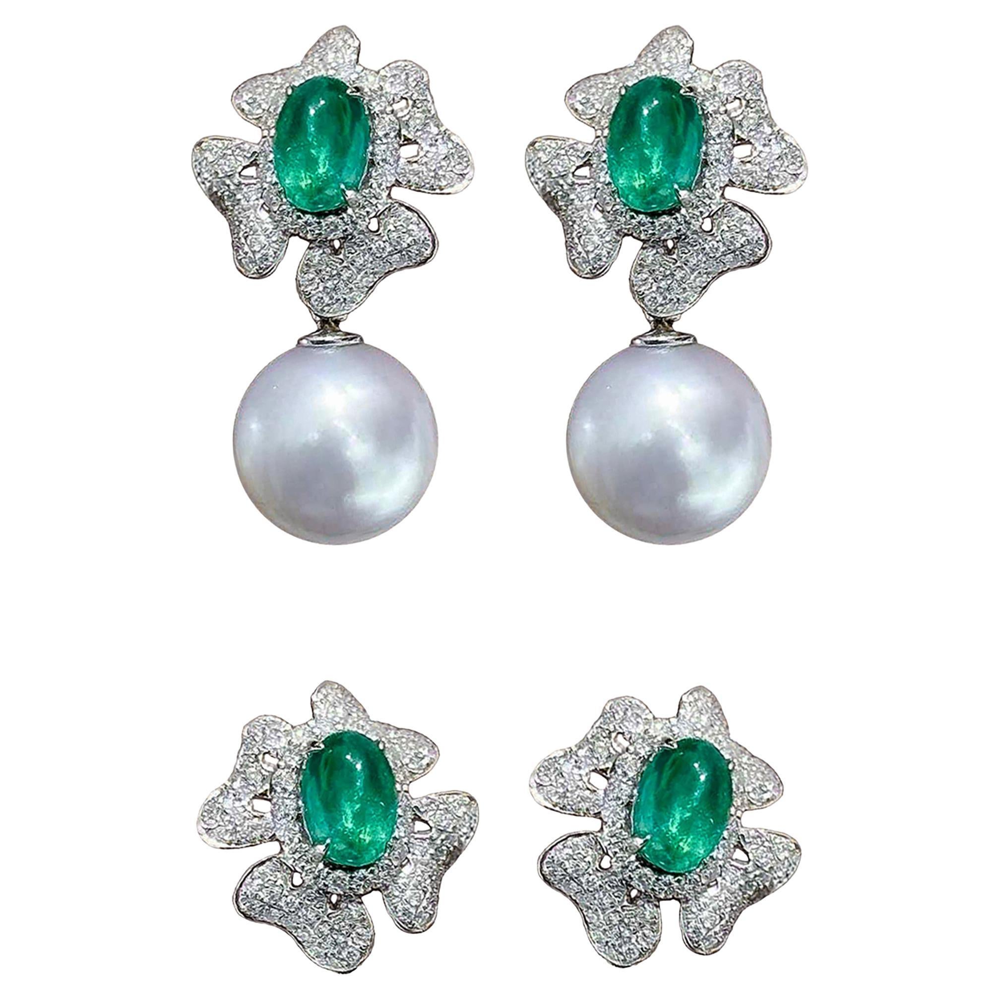 【Vine Symphony】Medusa Bloom Convertible Emerald & South Sea Pearl Earrings For Sale