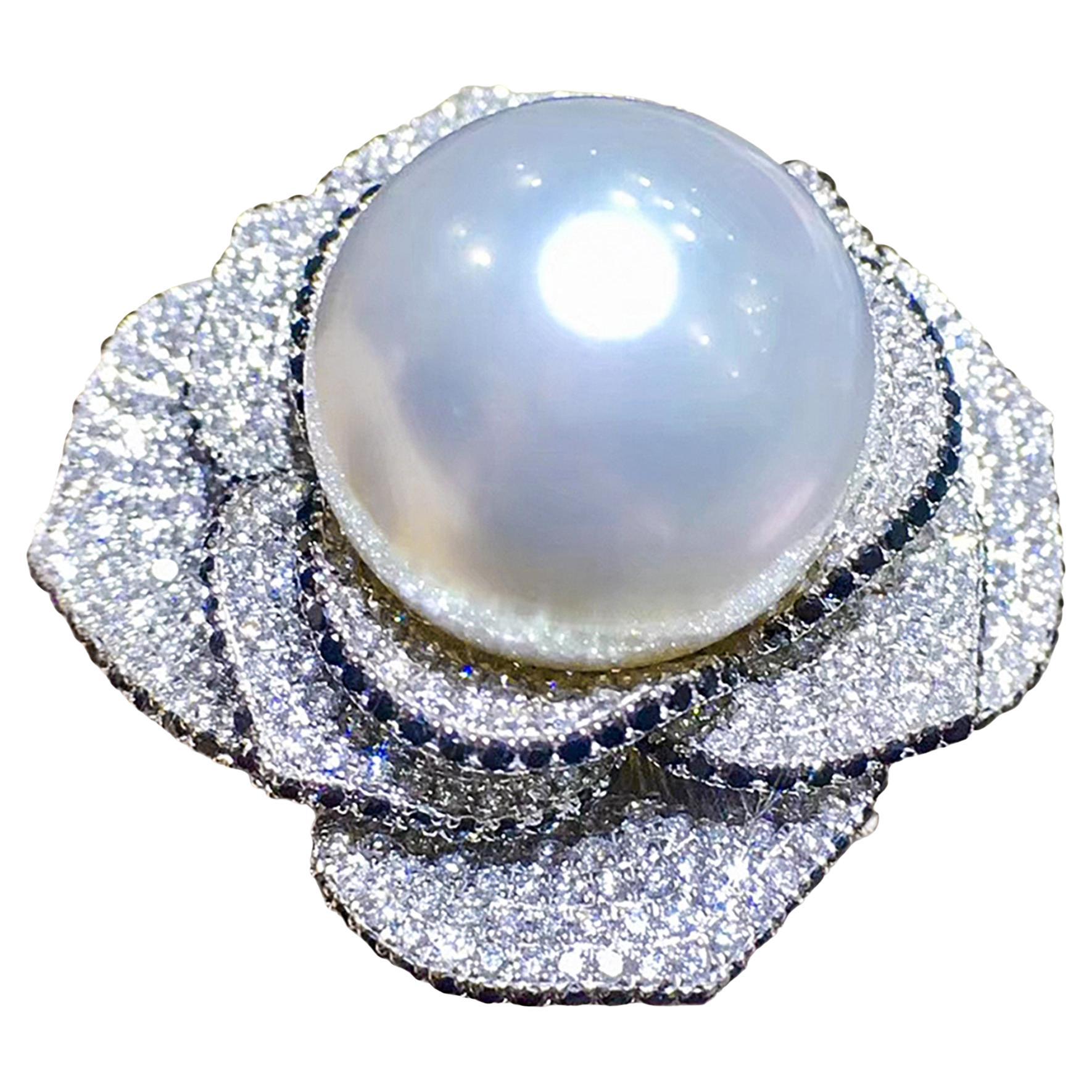 Crown Radiance】Midnight Bloom Aurora Südsee Perle Diamant Statement Ring