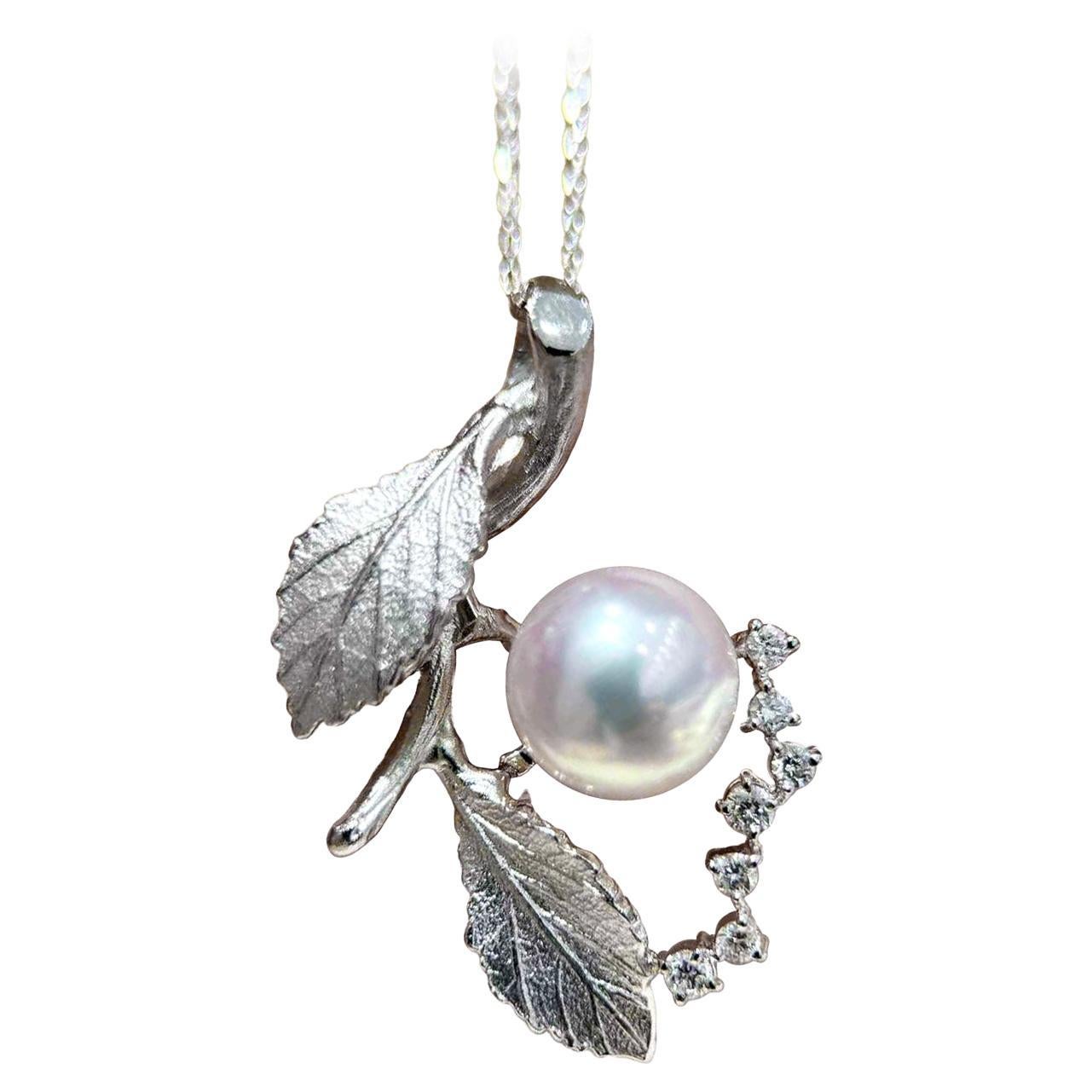 【Vine Symphony】One-of-a-Kind Aurora Akoya Pearl & Diamond Leaf Pendant Necklace