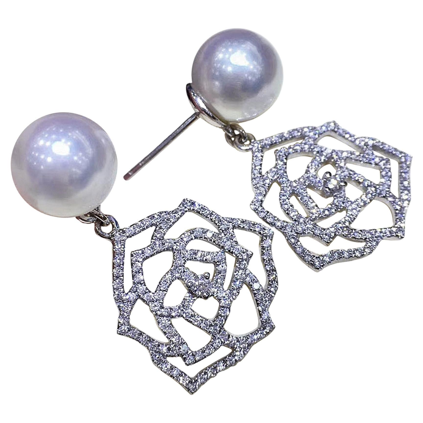 【Vine Symphony】Openwork Rose Aurora South Sea Pearl Diamond Drop Earrings en venta