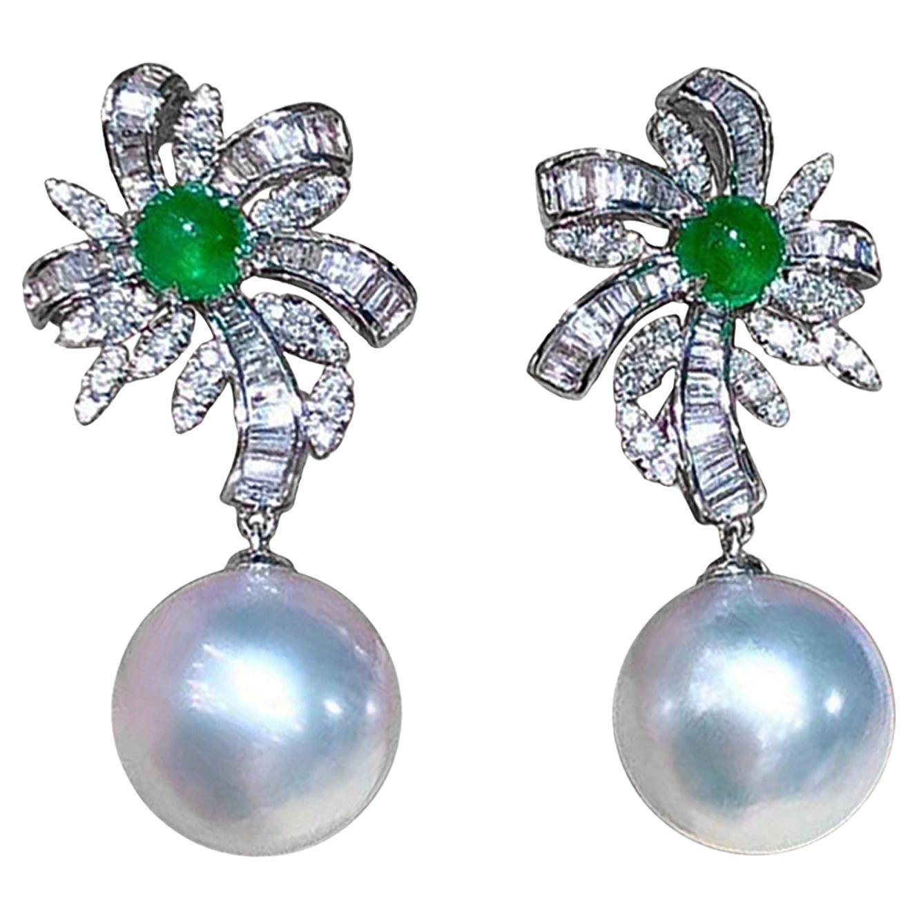 【Vine Symphony】Palm Bloom Aurora South Sea Pearl Emerald Diamond Drop Earrings