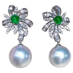 【Vine Symphony】Palm Bloom Aurora South Sea Pearl Emerald Diamond Drop Earrings