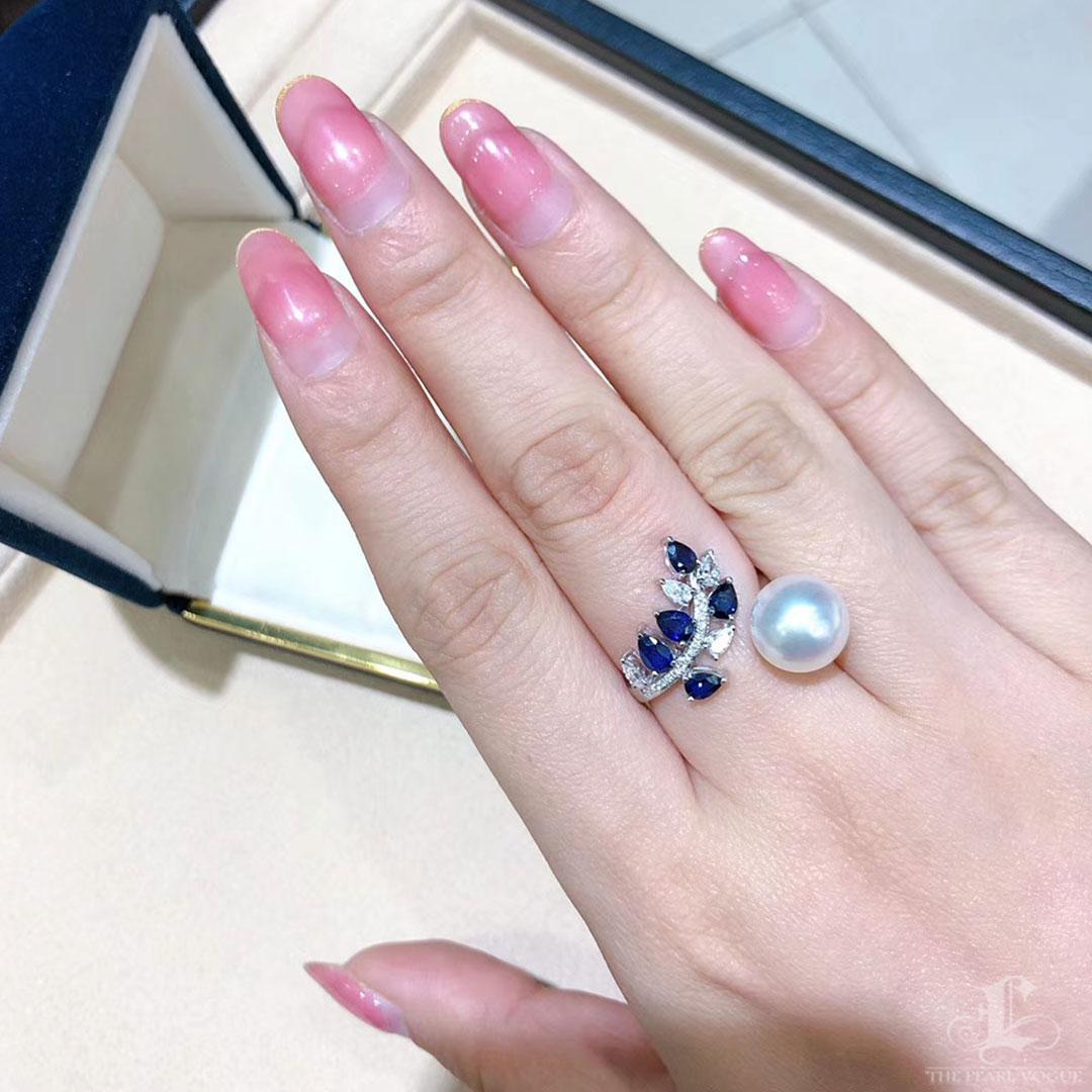 Uncut 【Vine Symphony】Sapphire Leaf South Sea Pearl Diamond Ring For Sale
