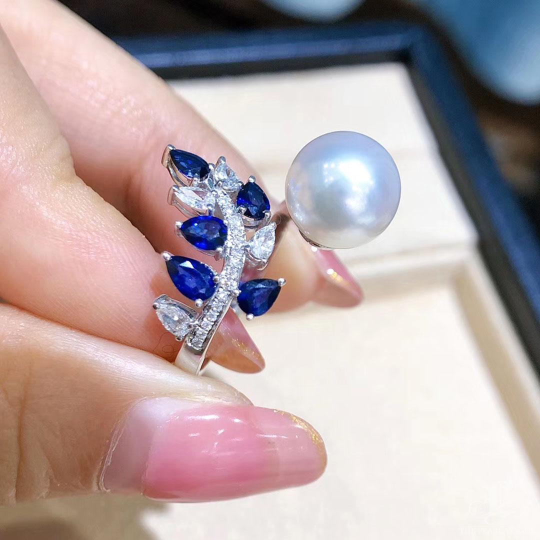Women's 【Vine Symphony】Sapphire Leaf South Sea Pearl Diamond Ring For Sale