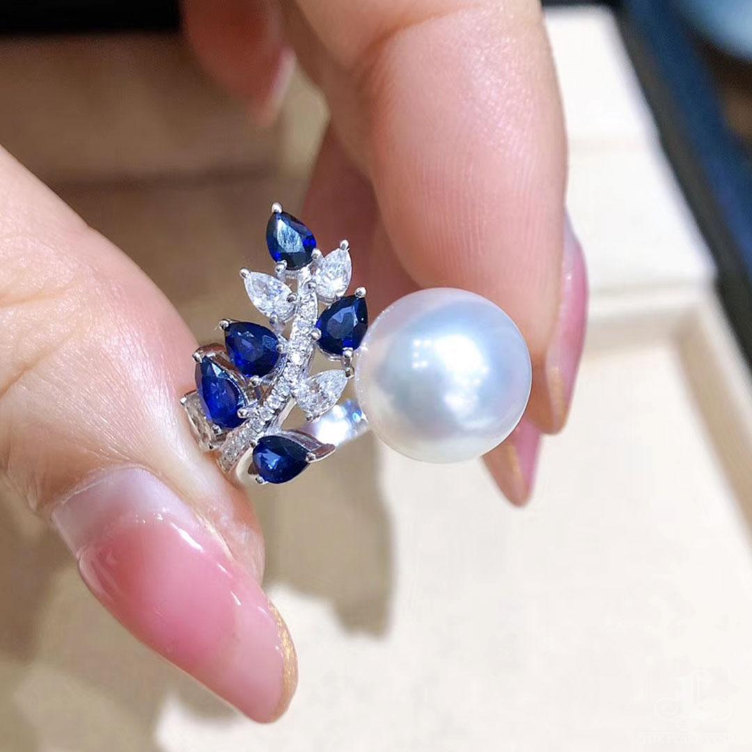 【Vine Symphony】Sapphire Leaf South Sea Pearl Diamond Ring For Sale 1