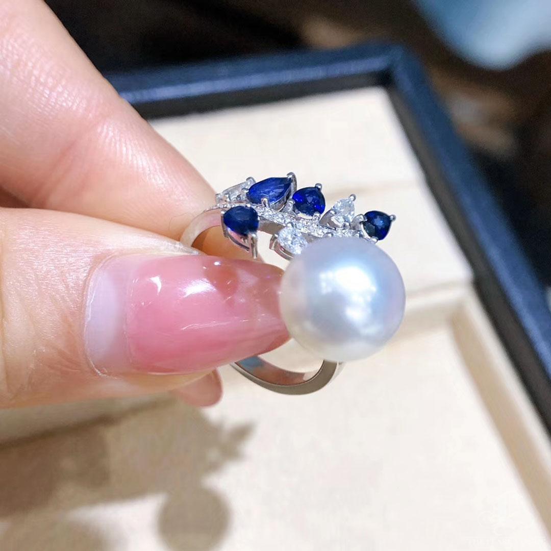 【Vine Symphony】Sapphire Leaf South Sea Pearl Diamond Ring For Sale 2