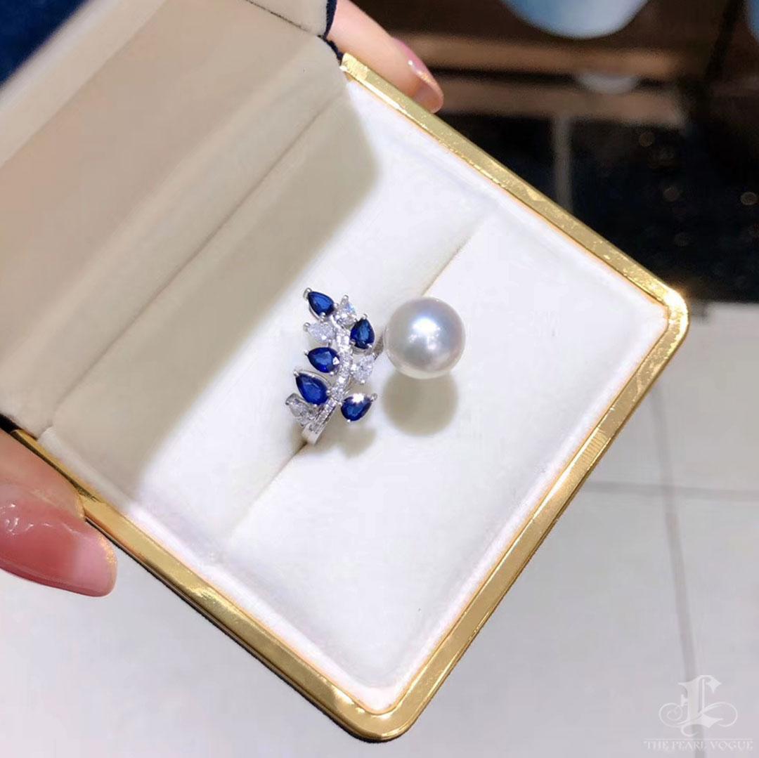 【Vine Symphony】Sapphire Leaf South Sea Pearl Diamond Ring For Sale 3