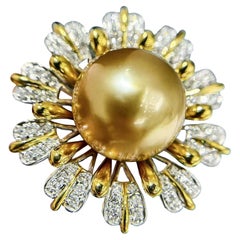 【Vine Symphony】Sunburst Bloom Golden South Sea Pearl Diamond Ring