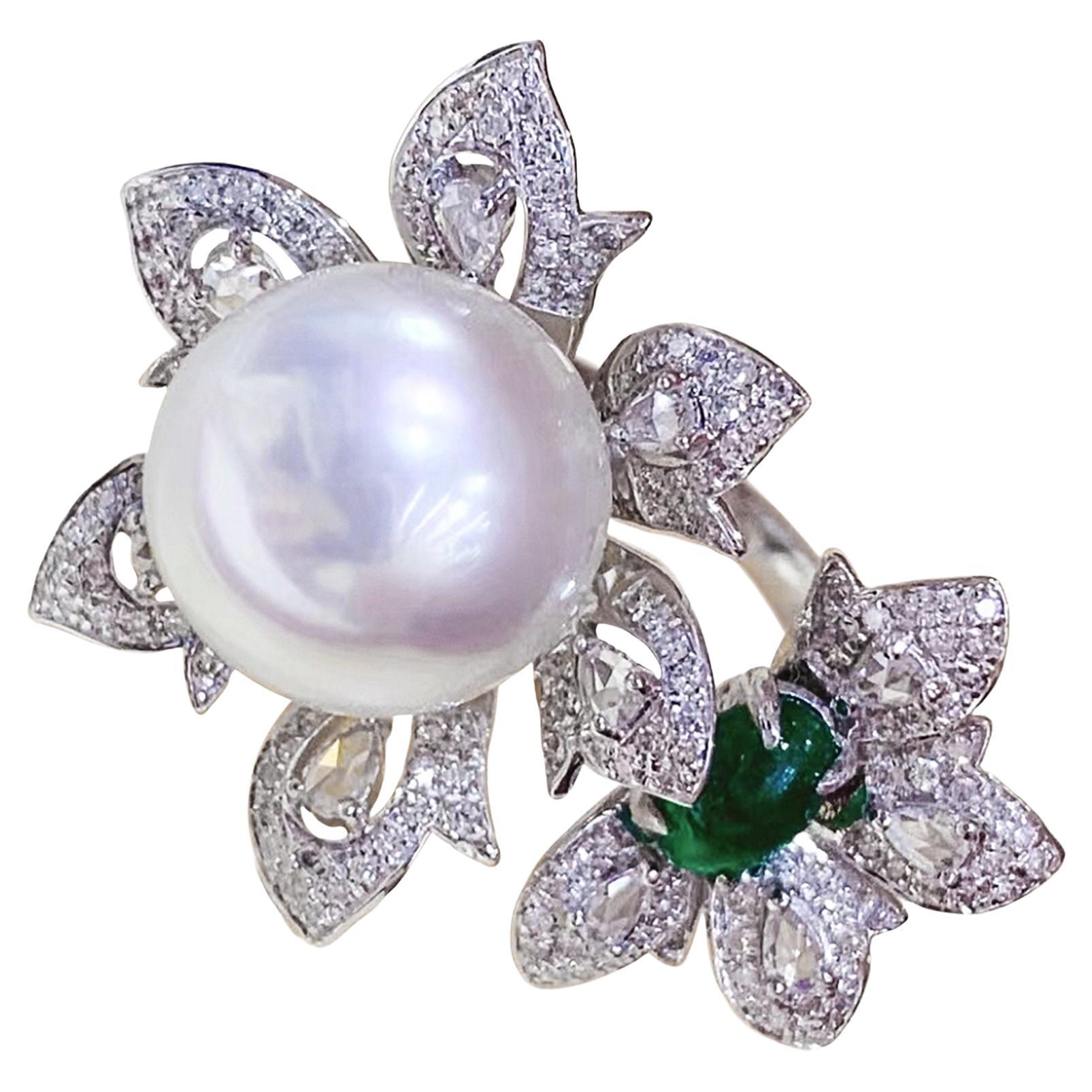 【Vine Symphony】Verdant Blossom Aurora Perle des mers du Sud Diamant Bague de cocktail