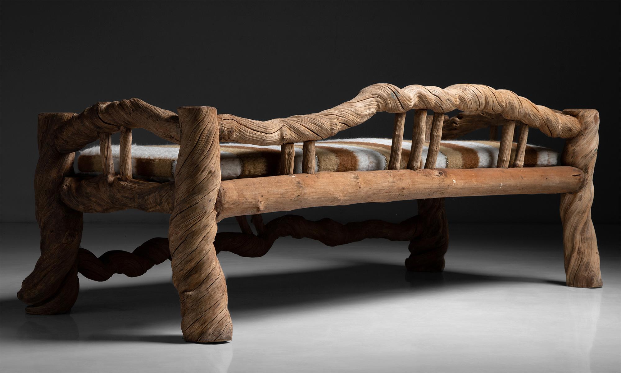 Vine Wood Bench with Stripe Wool Seat Cushion, Asia, circa 1980 In Good Condition In Culver City, CA