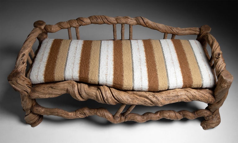 Vine Wood Bench with Stripe Wool Seat Cushion, Asia, circa 1980 For Sale 1