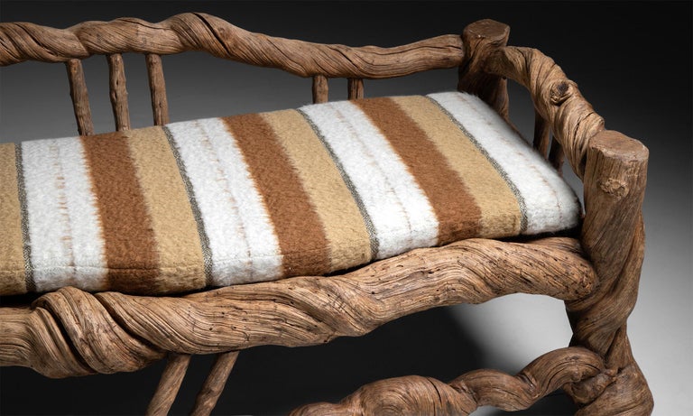Vine Wood Bench with Stripe Wool Seat Cushion, Asia, circa 1980 For Sale 2