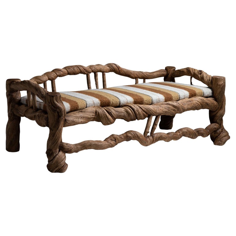 Vine Wood Bench with Stripe Wool Seat Cushion, Asia, circa 1980 For Sale