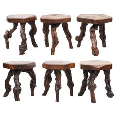 Retro Vine Wood Tripod Stools, Side Tables, Nightstands, C1950, France
