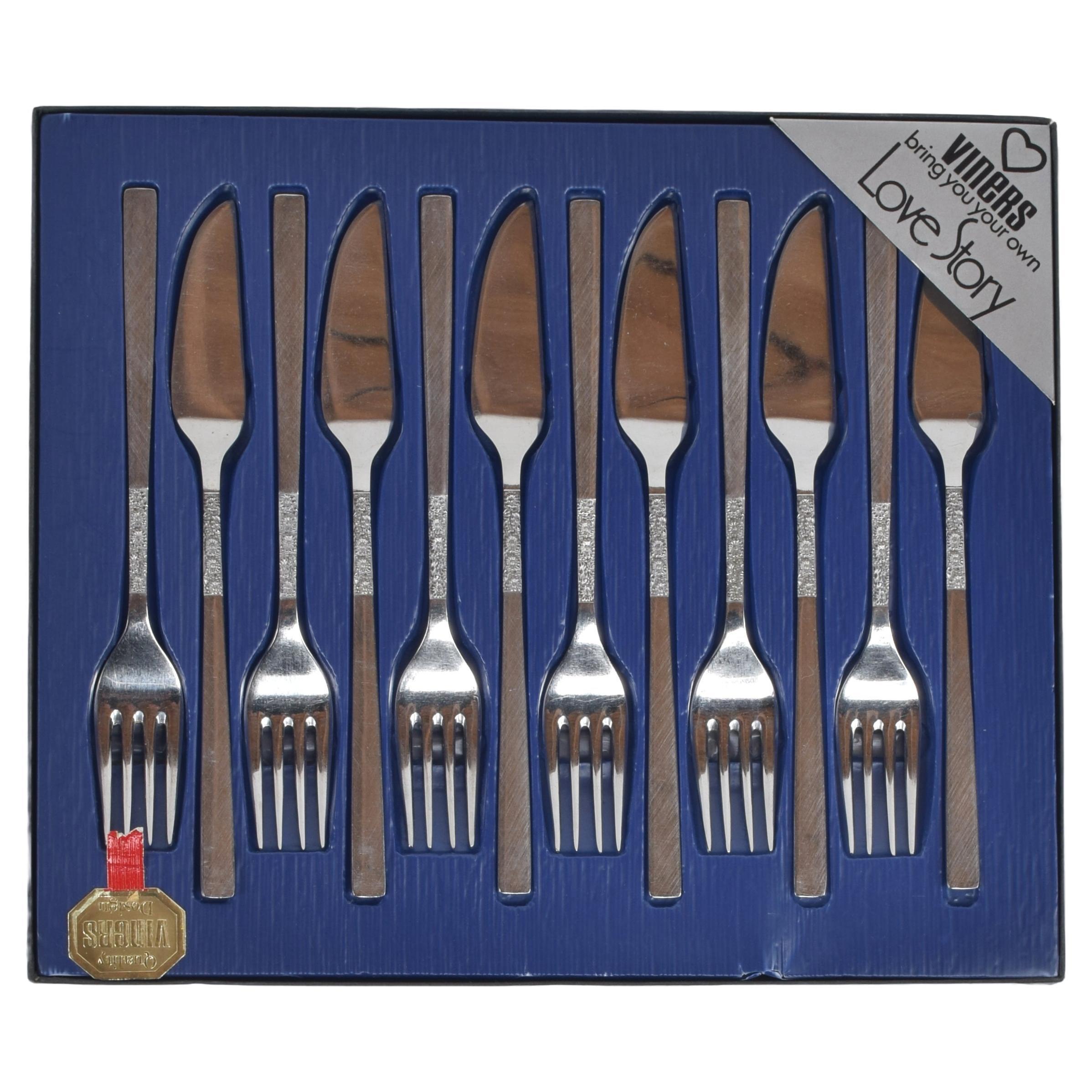 Viners ‘Love Story’ cutlery, Fish Eaters, stainless steel, 6 pairs, 12 pc, 1970s For Sale