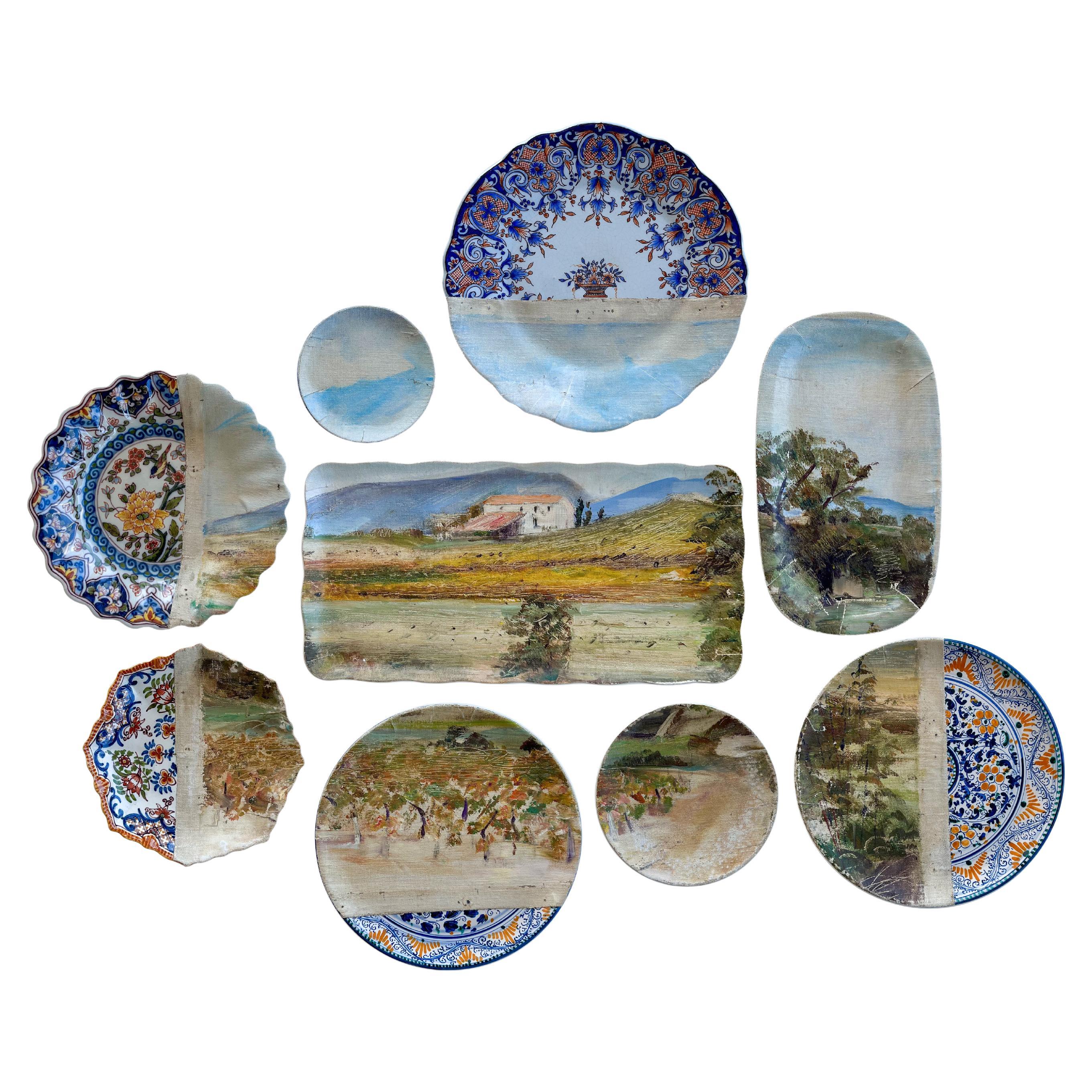 „Vineyard in Provence“ – Wandkunstkomposition aus dekorativen Tellern und Gemälden im Angebot